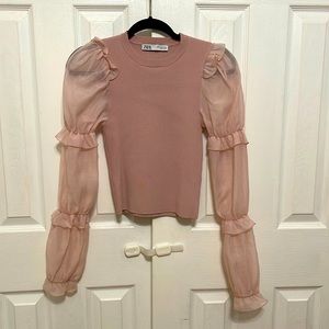 2/$20 Zara mauve pink knit top with sheer exaggerated long sleeves size S